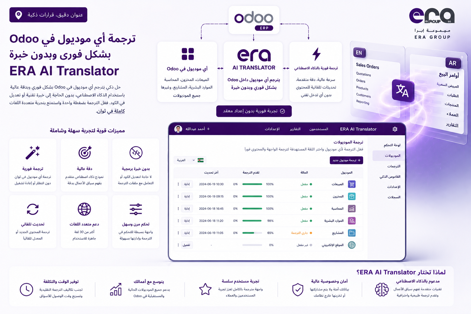 واجهة ERA PO Translator داخل Odoo لترجمة النظام بالكامل إلى العربية بدون SSH